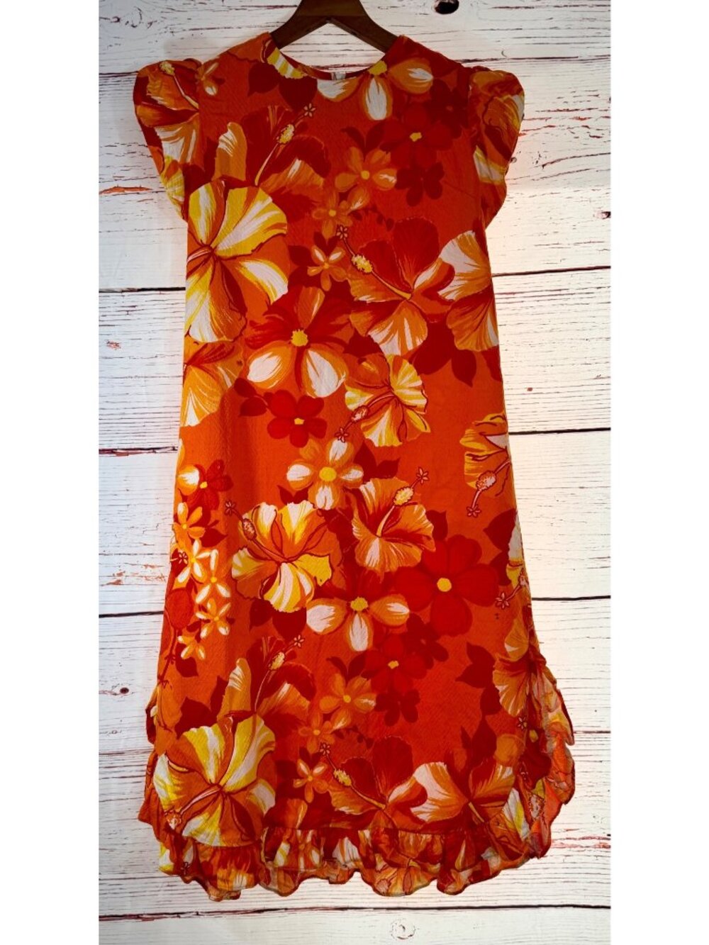 Vintage Hawaiian Floral Dress With Ruffle Hem & Puff Sleeves Bright Orange